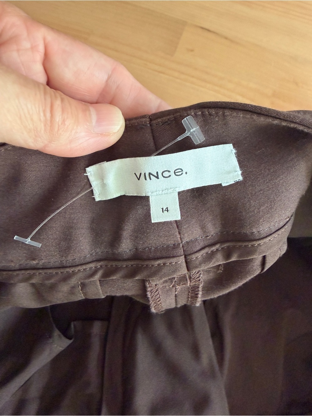 Vince Dark Brown Straight Leg Trousers Size 14 Cotton Viscose Flat Front Pants - Picture 9 of 15